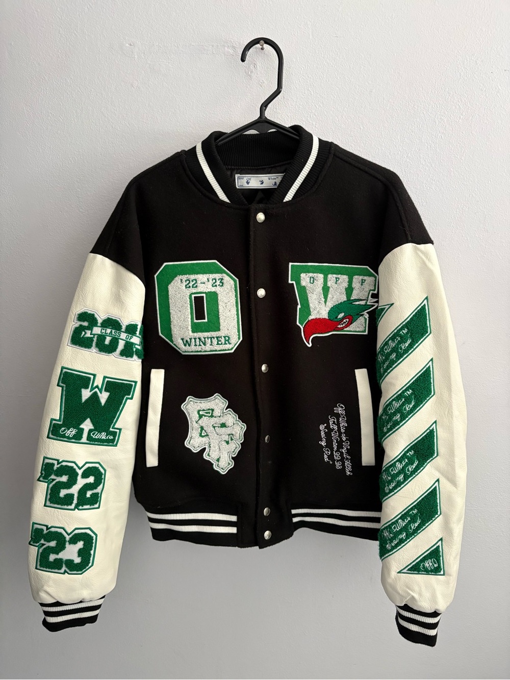 Off-White Black and White Varsity Jacket with Green Appliqué